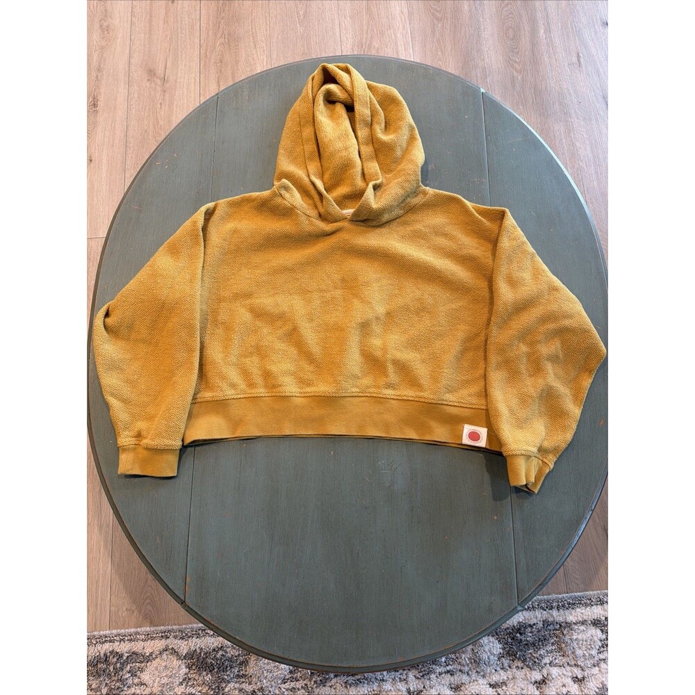 Mollusk California Womens S Mustard Yellow Cropped Hoodie Textured Knit Pullover